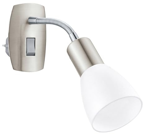 Eglo Dakar Lámpara enchufable, con enchufe e interruptor, orientable, fabricada en metal de color plateado y plástico blanco, con casquillo E14