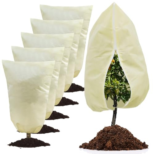 Uoxmiy 5 Pack Plant Fleece Frost Protection Bags Thicker 80gsm Plant Covers for Winter with Drawstring Plant Fleece Frost Protection Jackets Garden Fleece Bags 60 x 80cm