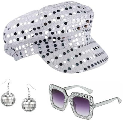 3 Pièces Tenue de Fête Disco Femmes, Accessoires Disco des années 70 80 pour Adultes Paillettes Bérets Chapeau Lunettes de Soleil Boucles d'Oreilles, Décoration de Fête de Bal Disco pour Femmes