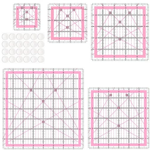 Evadollina Juego de 5 Reglas para Acolchado, Juego de Geometría Grande, Regla de Patchwork y 24 Adhesivos Antideslizantes, Regla de Costura Rosa, para Uso Múltiple (2,5/3,5/5/6/8 Pulgadas)