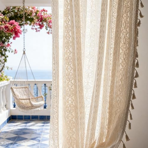 EUBSWA Juego de 2 cortinas bohemias de ganchillo, de algodón, estilo rústico vintage con borla, 150 x 160 cm, beige, para salón, dormitorio y exterior (beige-2)