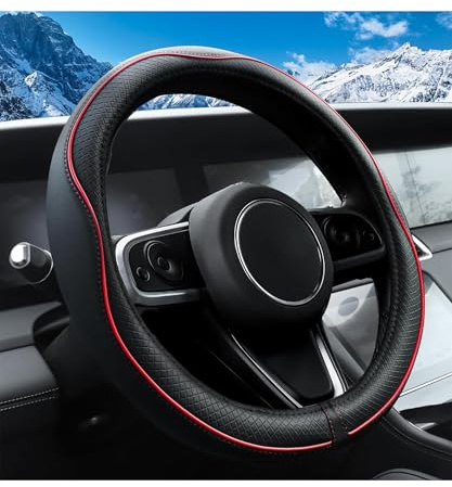 Flaconi Copri Volante per Auto,Coprivolante Auto,Accessori Autos Interno,Coprivolante in Finta Pelle,Copri Sterzo Traspirante,Adatto a Volanti con Diametro Esterno da 37 a 38 cm (Nero-Rosso)