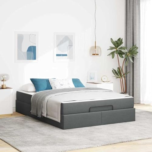 GeenYuu Sängram med madrass, mörkgrå, 140 x 200 cm, tygöverdrag med förvaringsutrymme för sovrum, modern design, komfortskummadrass