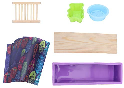 Juego de moldes de silicona para jabón con caja de madera, kit de molde para hacer jabón, molde rectangular para hornear para jabón y pasteles hechos a mano, incluye molde de (Púrpura)