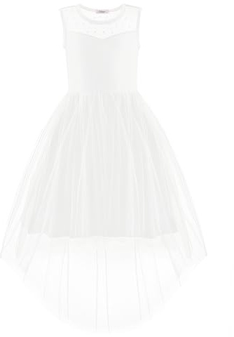 Arshiner Girls Summer Sleeveless Tulle Party Dress with high-Low Hem | Girls' Dress sleeveless tulle dress for parties and weddings, featuring a contrasting mesh insert, high-low hem, and belt.