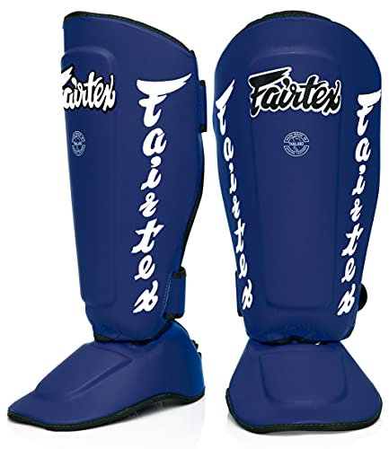 Fairtex SP7 Muay Thai Schienbeinschützer für Herren, Damen, Kinder | aus Syntek-Leder und hochwertig, leicht und langlebig | Abnehmbarer Schienbein- und Fußschutz(Large-Blau)
