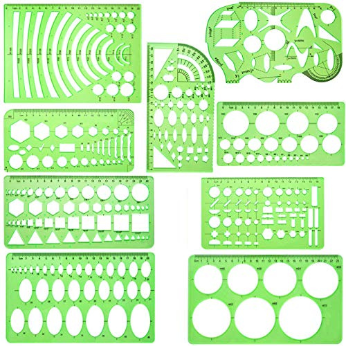 QISF 9 Pièces règle de dessin multifonction | règle de géométrie en plastique | Pochoir Cercles, Triangles, Carrés, Rectangles | pour école, bureau, construction