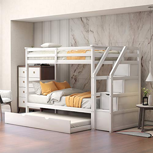 Harper & Bright Designs Twin-Over-Twin Bunk Bed for Kids, Wood Twin Bunk Bed with Storage and Trundle
