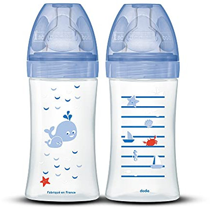 Dodie Lot de 2 Biberons Anti-Colique Sensation+ (2 x 270 ml) - Tétine Plate, Débit 2, Sans BPA - 0-6 mois - Bleu Mer - 2 Unité