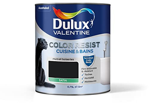 Dulux Valentine Color Resist - Peinture Intérieure Pièces Humides - Pour Murs, Plafonds, Boiseries - Lessivable et Résistante - Couleur : Noir Satin - 0,75 L - 5261977
