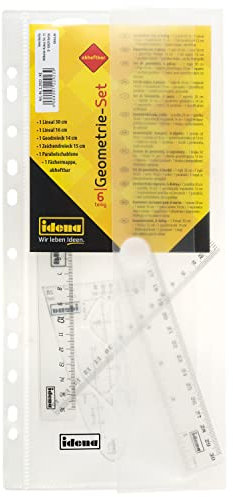Idena 22923 - Geometrie-Set 6-teilig mit 2 Linealen, Zeichendreieck, Parabel, Geo-Dreieck und abheftbarer Aufbewahrungsmappe, transparent, aus Kunststoff