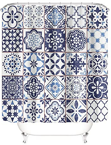 M&W DAS DESIGN Duschvorhang Raster Quadrate marokkanisch Patchwork Orient Flora Kunsthandwerk Vintage Retro Tunesisch Stielvoll Blumen Schimmelresistent inkl. 12 C-Ringe Gewicht unten