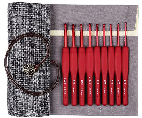 Coopay Classic Red Hook Set, 9 Ergonomic Hooks with Roll Up Case, Comfortable Soft Handle Hooks and Aluminum Hooks, Ideal for Arthritic Hands