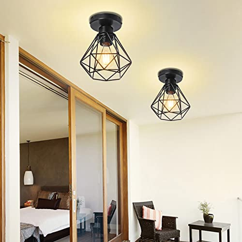 PETITES ECREVISSES 2 Pack E27 Plafonniers Industrielles Métal Cage Noir Vintage Suspension forme Diamant Rétro Luminaire d'eclairage (2 packs -Ø16cm)