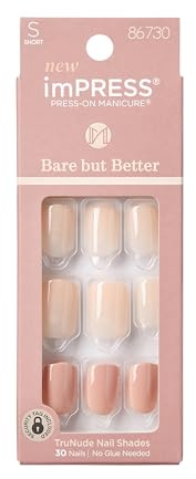 KISS imPRESS No Glue Mani Press On Nails, , 'Simple Pleasure', Nude, Short Size, Squoval Shape, Includes 30 Nails, Prep Pad, Instructions Sheet, 1 Manicure Stick, 1 Mini File