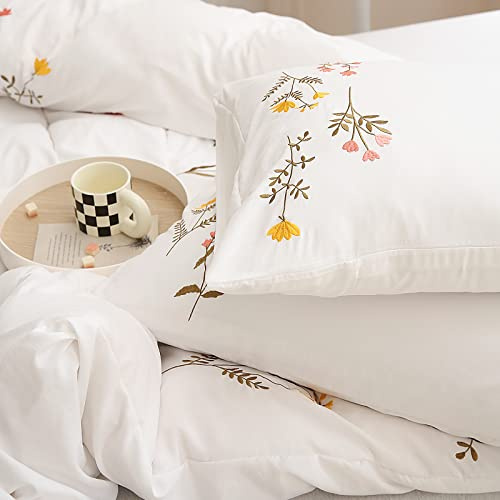 White Flower Pillowcases, Embroidery Flower Pillow Cases Set of 2, 100% Washed Microfiber, Boho Chic Branches Flower Pillow Cover, 2 Pack (Queen, White Flower)