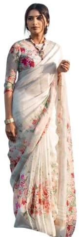 C J Enterprise Banarasi Sari en pur lin et coton doux pour femme avec chemisier pour mariage (FlowerJaal) (blanc)