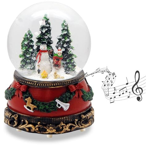 Palla di neve con pupazzo di neve in piedi su slitta, base natalizia, ghirlanda di abete rosso, con carillon, decorazione natalizia, larghezza: 10 cm, altezza: 14 cm, 20259