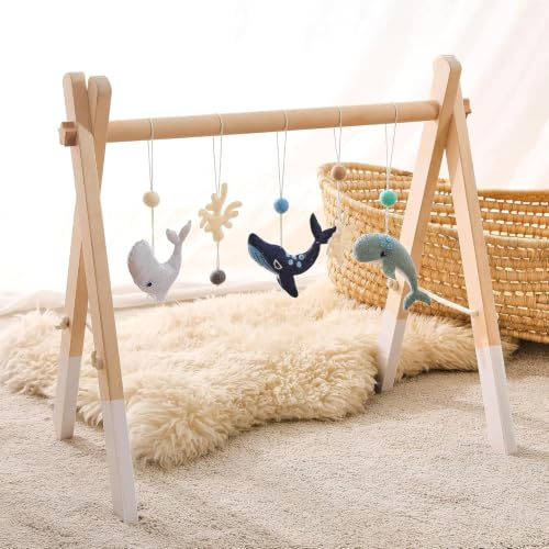 Promise Babe Wooden Baby Play Gym Play Arch Baby 5 Detachable Sensory Baby Toys Sea Animal Pendant Design Newborn Baby Essentials Wooden Activity Baby Gym