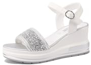 QUEEN HELENA Zeppe con Strass Sandali Alti con Cinturino Casual Donna X32-218 (Argento, Sistema Taglie Calzature EU, Adulto, Donna, Numero, Media, 38)