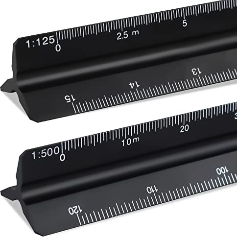 2 righelli triangolari, scalimetro professionale, righello triangolare, 30 cm, nero, scala 1:20, 1:25, 1:50, 1:75, 1:100, 1:125 e 1:100, 1:200, 1:250, 1:300, 1:400, 1:500, per scuole, famiglie