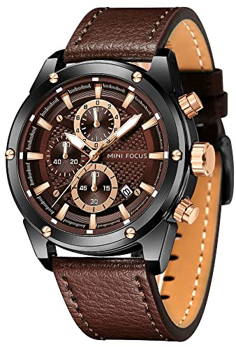 Mini Focus Men Watches Business Casual Wrist Watches (Multifunction/Waterproof/Luminous/Calendar) Genuine Leather Band Fashion Watch for Men (Blue) (Brown)