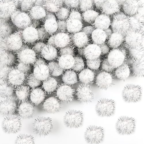 TOAOB 100 Piezas Pompones Balls de Blanco 2.5 cm Bola Felpa con Destellos de Alambre Plateado para Manualidades Creativas Decoración Guirnaldas y Borlas