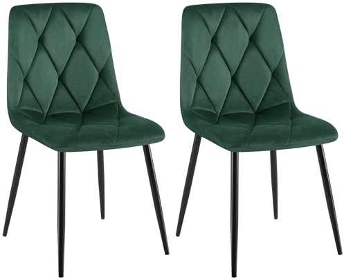 CLP Sedia da Pranzo Set di 2 Clairton, Sedia Imbottita con Rivestimento Trapuntato, Struttura in Metallo Nero, Supporto Fino a 150 kg, Colore:Verde, Materiale:Velluto