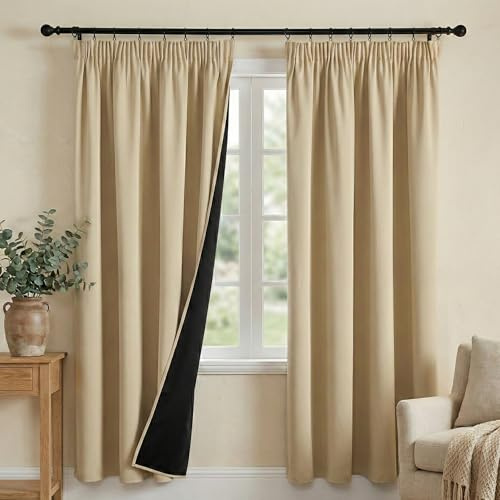 PONY DANCE 100% Blackout Thermal Insulated Curtains, 52x72, Biscotti Beige | Pencil Pleat Rod Pocket Curtains for Bedroom and Living Room, 2 Panels, Noise Reduction, Light Blocking & Privacy Drapes