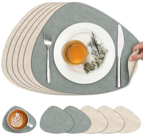 Chitomars Placemats and Coasters Set of 6 Dual Sided Faux Leather Table Mat | Heat Resistant Washable Place Mats Non Slip Waterproof Leather Placemat for Dining Indoor Outdoor (Cream-White Sage Green)