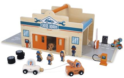 Janod - Mon Premier Garage Voitures en Bois Enfant 2 Ans et Plus - 2 Niveaux, Atelier Mécanique + Lavage Auto - 15 Accessoires Inclus - Dès 2 Ans