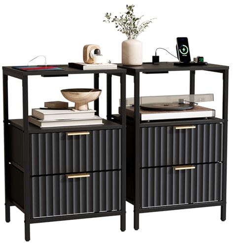 Bonnlo Bedside Table with Charging Station, Grille Nightstand with USB, Type-C and Plug, Small End Tables with 1 Shelf, 2 Fabric Drawers and Cabinet,38×30×60cm Bedside Cabinet (2, Black)