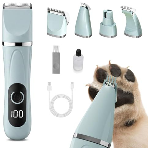Colexy 4 en 1 Cortapelos Perros y Gatos, Máquina Cortar Pelo Mascotas Silenciosa Inalámbrica con 4 Cabezales (Patas, Cara, Curvo, Lima de Uñas), Recargable USB para Perros y Gatos Pequeños (Verde)