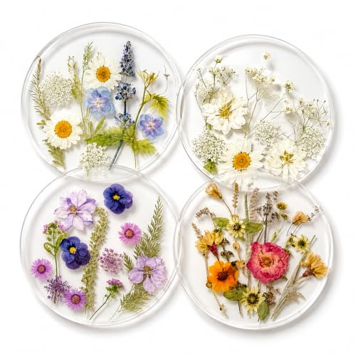 Dried Flower Coasters Set of 4, Acrylic Transparent Floral Drink Coasters, 10 cm Outdoor Coaster for Garden Tables, Cup Coaster for Wooden Desks Coffee Table Kitchen Bar Mugs