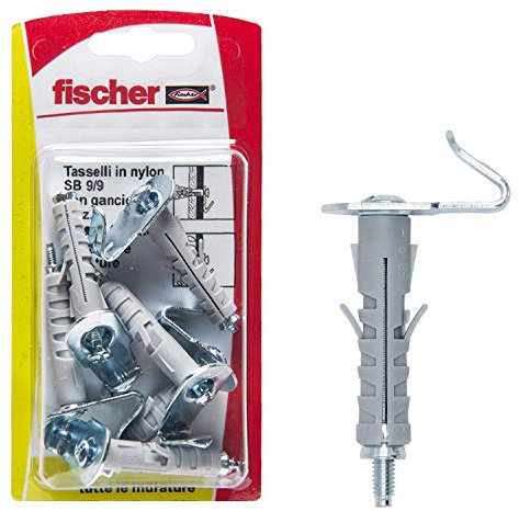 Fischer 6 tacos SB 9 con gancho plano, universales, para la fijación de lámparas, espejos, muebles en pared y hormigón, 504449, color gris