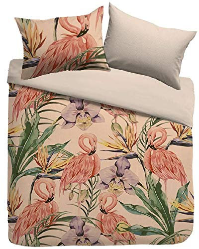 Sognamo PUY Baumwollbettwäsche 135x200 80x80cm Farbe Multi Flamingo Reißverschluss Doubleface Wendebettwäsche