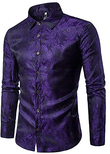 Allthemen Camisa de Cachemir para Hombre, Camisas de Seda Jacquard para Hombre, Camisas de Vestir de Manga Larga, Cuello con Botones, Camisas de Esmoquin Casuales
