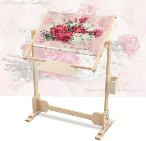 Ejoyous Verstellbarer Stickrahmen Ständer, 360° Drehbar Stickständer aus Kiefer und PVC Seidenmalerei Mit Stickrahmen für Sticken und Nadelarbeiten 110x46x80cm, tapestry frame