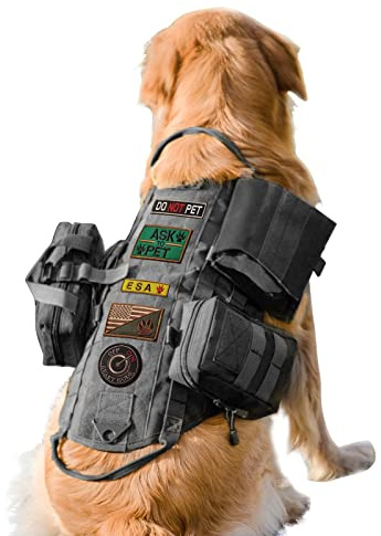AIWAI Tactical Dog Harness with Pouches,Dog Vest Harness for Large Medium Dogs No-Pull Adjustable Military Dog Harness with Handle Walking Hiking Training (Black, M)