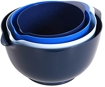 BoxedHome Nesting Plastic Mixing Bowl Set With Pour Spout, Microwave and Dishwasher Safe, BPA free Non-Slip Base, Set of 4 Size 1.7, 2.5, 3.5 and 4.5qt, Great for Prepping, Baking, Cooking (Dark Blue)