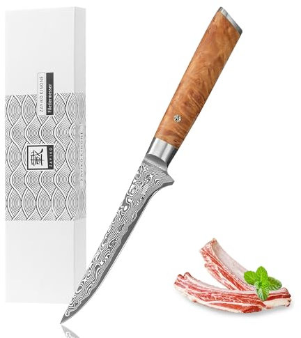 zayiko Kinone Damast Ausbeinmesser und Filetiermesser - 16 cm Klinge aus 67 Lagen echtem schwarzen Damaststahl, Wurzelholzgriff aus Birke, für Profiköche und Hobbyköche