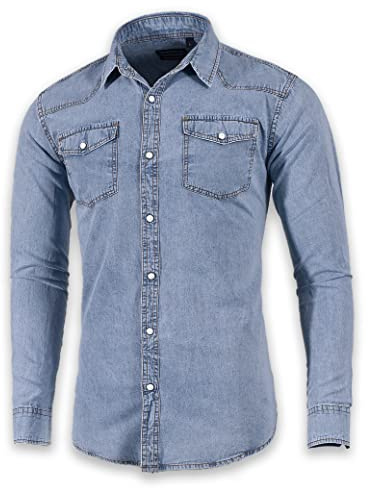SEVEN EAGLE Camicia Denim da Uomo a Maniche Lunghe con Doppia Tasca con Bottoni Automatici (L, Blue Vintage)