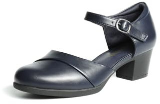 DREAM PAIRS Women's Dress Shoes Mary Janes Comfortable Low Block Heels Pumps Round Closed Toe Chunky Ankle Strap Shoes for Work Flight,Size 9,Navy,SDPU2412W
