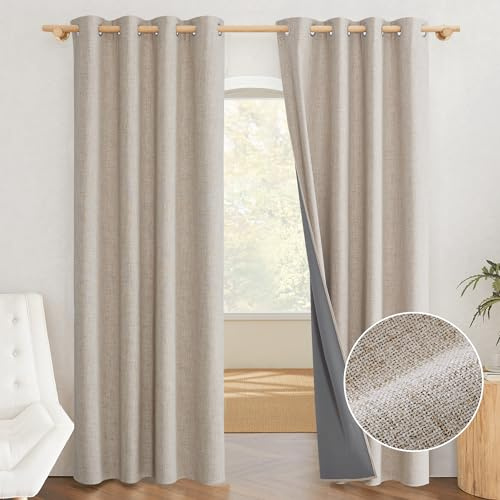 PONY DANCE Rideau 100% Occultant en Lin - Rideaux Thermique Isolant Anti Chaleur, Décoratifs pour Maison Chambre Salon Hotel, à Oeillets Bronzée, Beige Clair, 132 x 220 cm, 2 Pièces