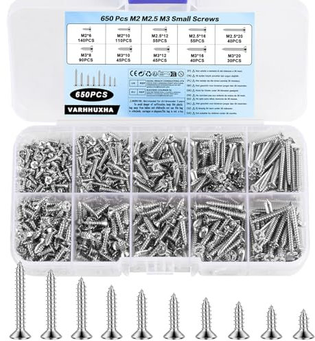 650 Stück M2 M2,5 M3 kleine Schrauben für Holzschrauben Sortiment, selbstschneidende Schrauben, Kreuz-Flachkopfschrauben-Set, sortiert, für Terrassendielen, Spanplatten, Trockenbau, Betonschrauben