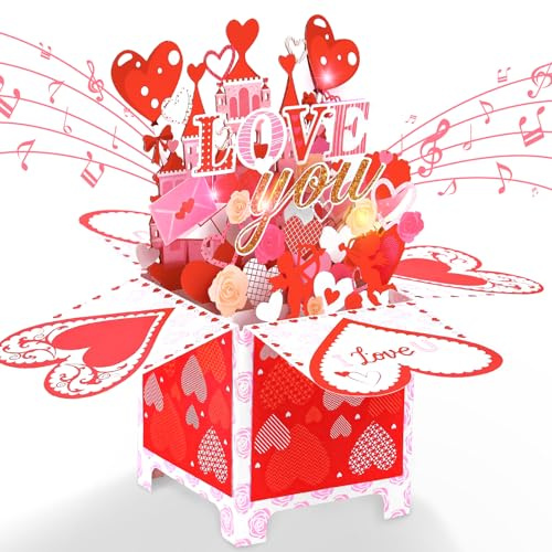 Valentine's Day Card, 3D & Pop Up‘Love you ’Anniversary Card with Music and Lights for Wife Girlfriend, Boyfriend, Husband,Love,Roses Valentine's Day Cards with Envelope for Valentines Day,Anniversar