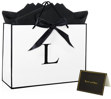 Medium Gift Bag with Tissue Paper and Card, 11 Inches Birthday Gift Bag for Presents White Gift Bag for Birthday Wedding Baby Shower (Letter L)