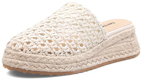 BWHBWH Platform Sandals Espadrilles Wedges for Women Closed Toe Raffia Sandals Hollow Out Beach Slip On Shoes Summer Slides Mules for Dressy Party Vacation (White, Adult, Women, 7.5