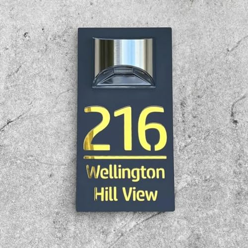 Placa solar 3D moderna personalizada para puerta, placas de números de casa personalizadas con luz solar para pared exterior, números de casa iluminados, placas y letreros (oro negro)