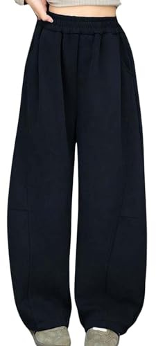 Pantalons de survêtement amples pour adolescentes à jambes larges unis - Joggings en coton épais pour enfants style preppy d'école taille haute élastique - Pantalons longs droits avec poches, Noir